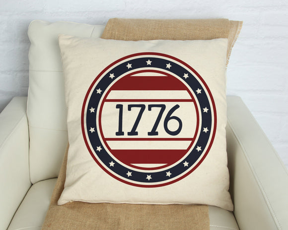 1776 4th of July decorative pillow cover display on a chair