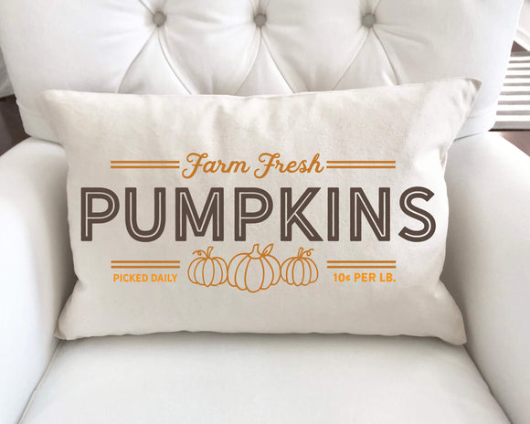 Farm fresh pumpkins pillow cover displayed in basket 12 by 20 inches  