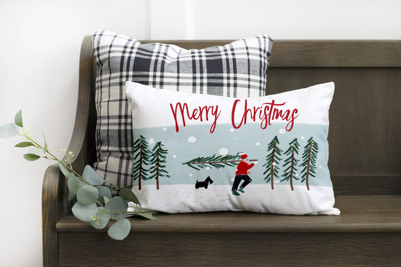 Merry Christmas with Man Carrying Tree- 12x20 inch pillow cover #24