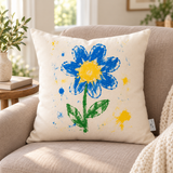 AI-generated illustrative mockup: blue flower on an 18x18 cream pillow; your cover features your own artwork.