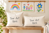 AI-generated concept: children’s artwork with Your Art Here square and lumbar pillow covers.