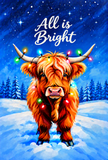 All is Bright garden flag featuring a Highland cow wrapped in colorful Christmas lights against a snowy blue background