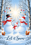 Let it Snow garden flag with three snowmen, woodland squirrels, birch trees and Christmas ornaments