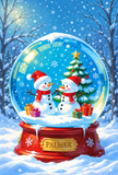 Personalized snow globe garden flag with two snowmen and PALMER as the example last name on a gold-colored plaque