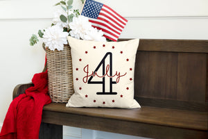 4th of July decorative pillow cover on bench