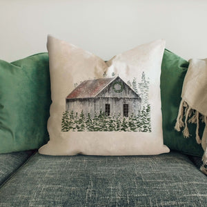 Decorative pillow cover gray barn with trees created by the talented Rebecca Meixner