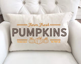 Farm fresh pumpkins pillow cover displayed in basket 12 by 20 inches  