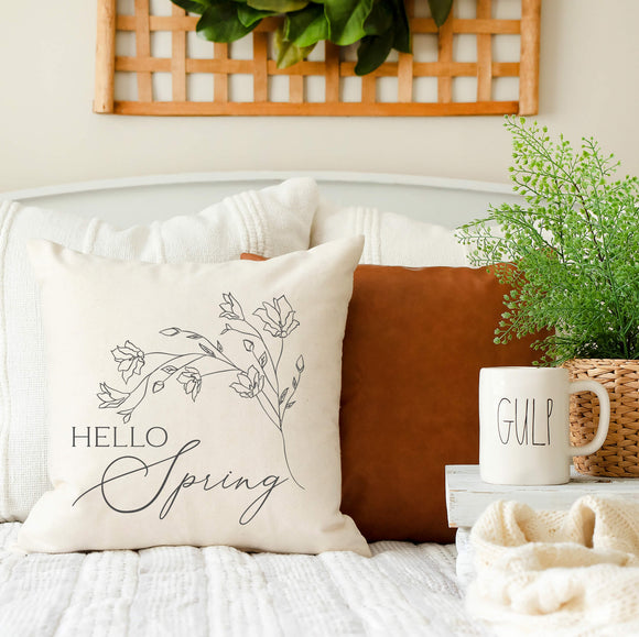 Hello Spring Decorative Pillow Cover displayed on bed