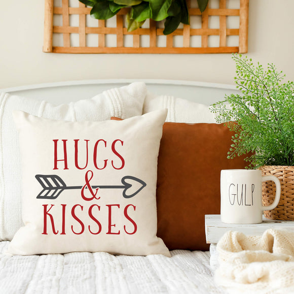 Hugs and Kisses Valentine's Day Farmhouse Throw Pillow Cover 18x18 inch