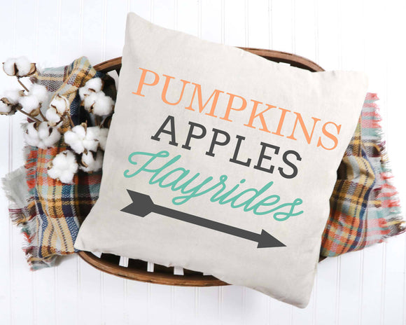 Pumpkins apples hayrides pillow cover displayed in basket 18x18 inches 