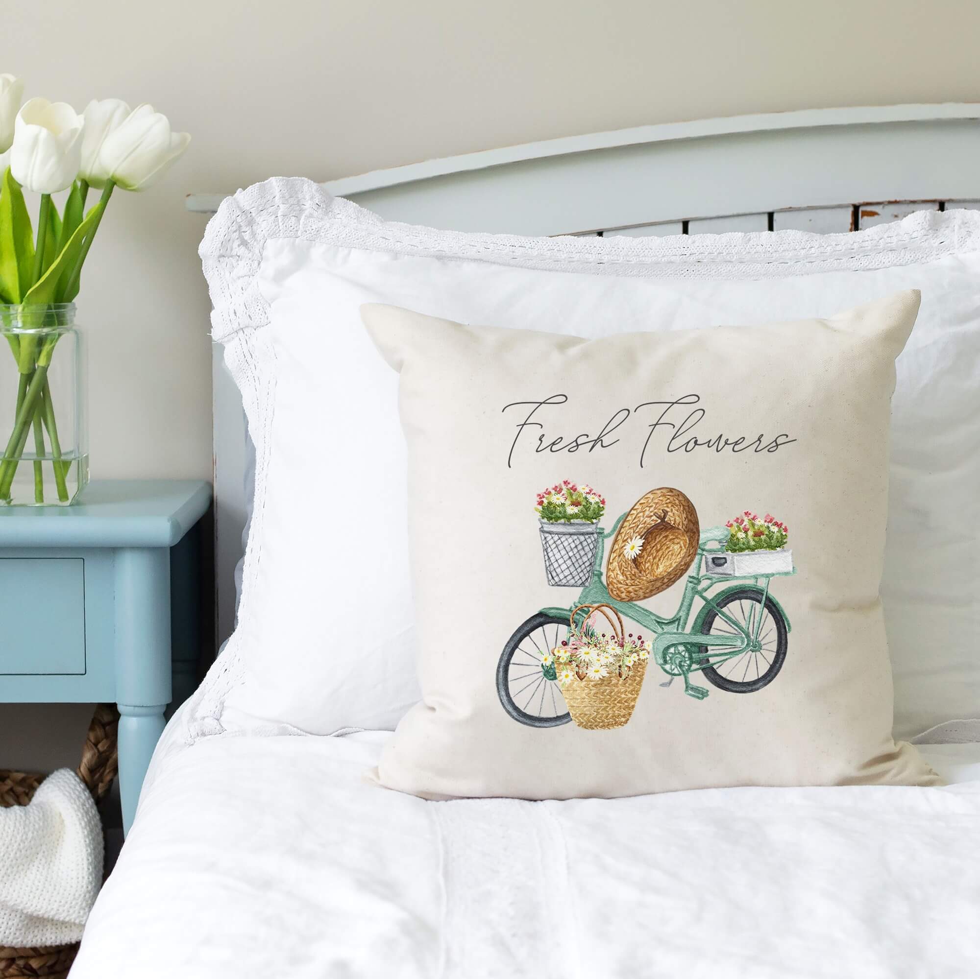 Fresh Flower Bike - Decorative Spring Pillow Cover -18x18 in