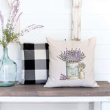 Spring Lavender Bucket decorative pillow cover displayed on bench