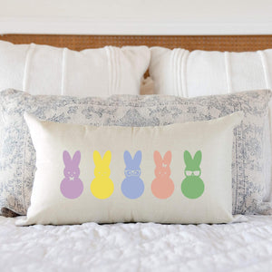 Sweet peeps spring decorative pillow cover displayed on bed